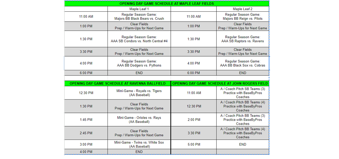 Opening Day Jamboree Schedule !!
